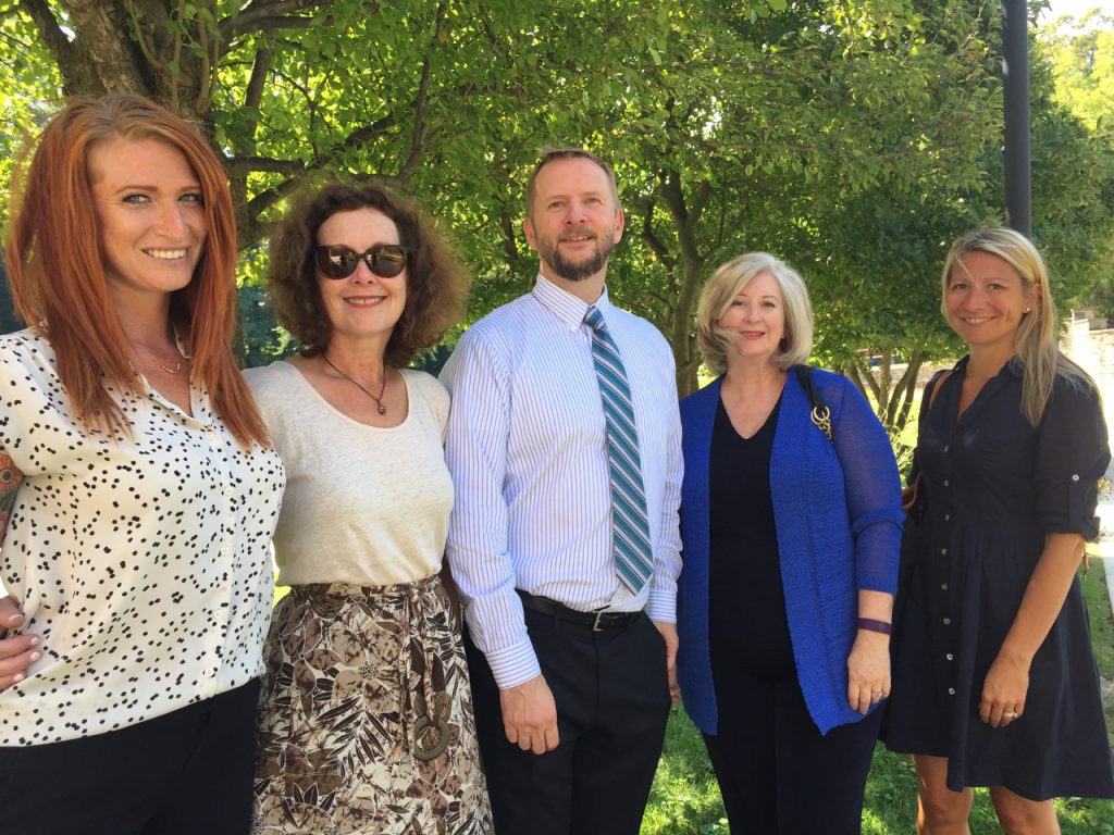 From left: THS guidance counselor Lauren Hanley, PTSA President Cheri Pegues, Guidance Department chair Simon Briggs, Towson Presbyterian Church Food for Thought Committee Chairs Deborah Ford (also a THS parent) and Kate Buchanan. 